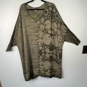 Grizas Green Black Crinkle Silk Blend Tunic Dress SZ XXL Abstract Circles Artsy